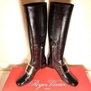 Roger Vivier "Tres Vivier" Tall Knee Boot Pebbled Black Patent Leather Sz 40